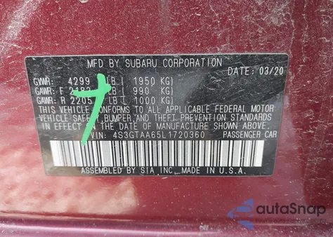 2020 Subaru Impreza 5-Door z USA, uszkodzony, nr VIN 4S3GTAA65L1720360